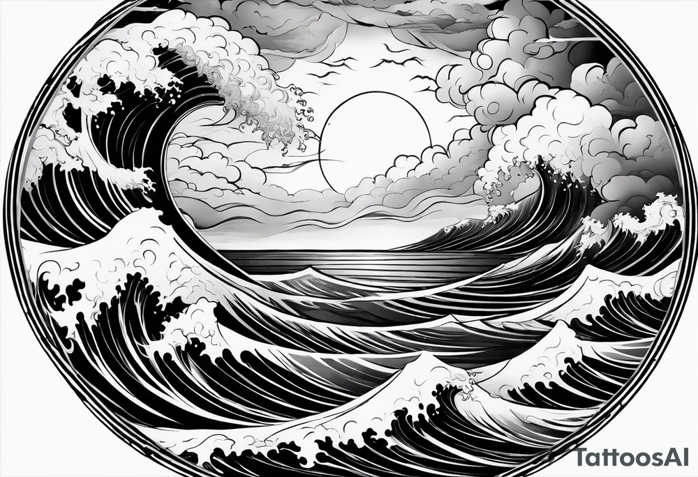 I want a tattoo of stormy seas and clouds in a circle tattoo idea