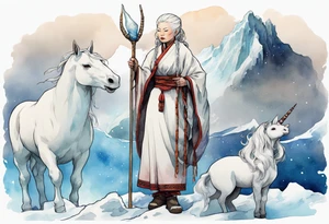 a 40 year old Sami woman with white hair and a white robe holding a unicorn horn staff, standing on an iceberg tattoo idea