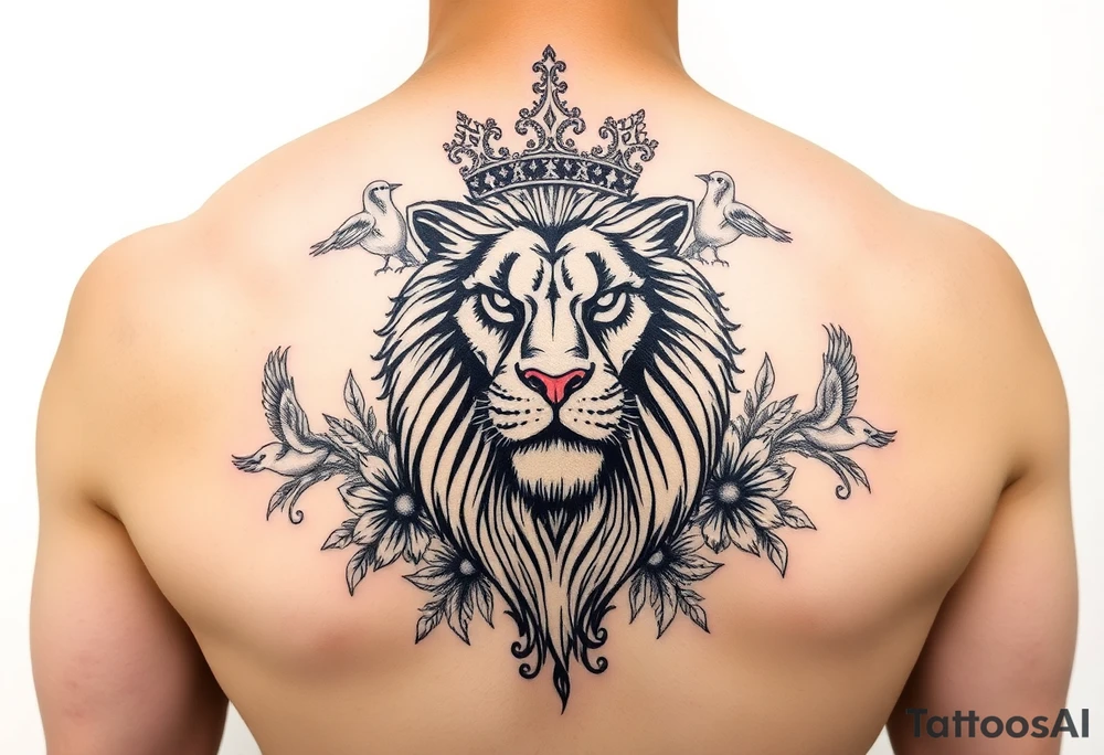 powerful majestic lion with a crown, surrounded by floral ornaments and birds tattoo idea