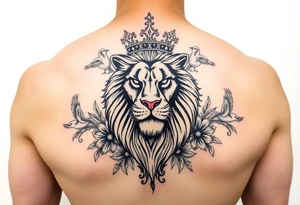 powerful majestic lion with a crown, surrounded by floral ornaments and birds tattoo idea