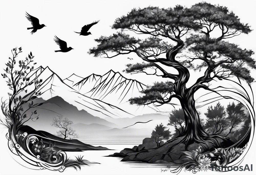Half sleeve, tree, birds tattoo idea