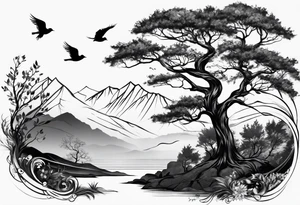 Half sleeve, tree, birds tattoo idea