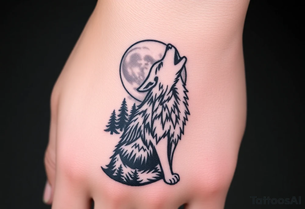 lone wolf howling at full moon with northern lights backdrop tattoo idea