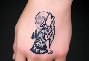 lone wolf howling at full moon with northern lights backdrop tattoo idea