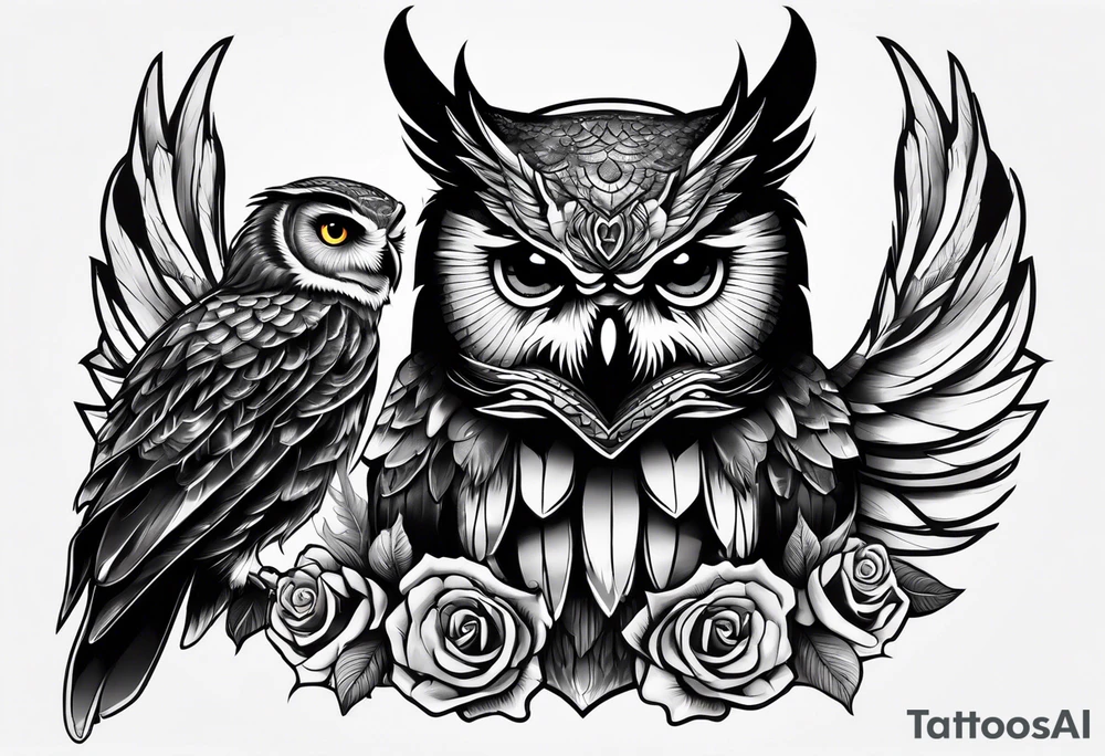 an owl head next to a winged dragon tattoo idea