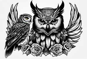 an owl head next to a winged dragon tattoo idea