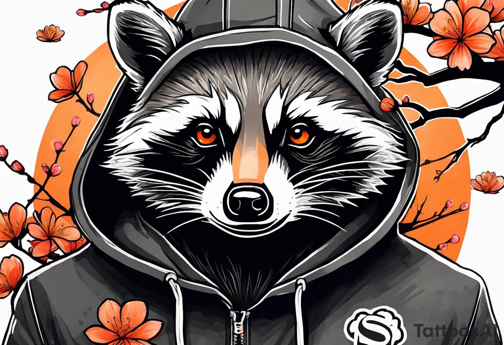 Raccoon wearing a white Superman logo on a black hoodie and orange Japanese cherry blossoms tattoo idea