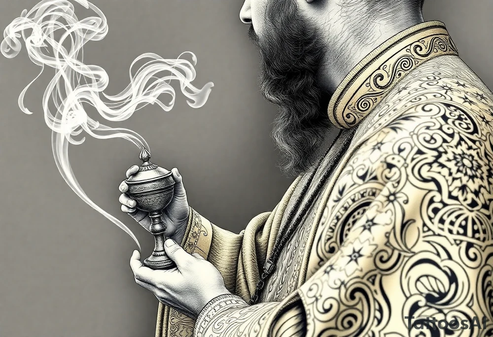 A Russian Orthodox Priest in full gold vestments swinging a censer with smoke curling upward 

The ornate robes give incredible fine line detail
The incense smoke could flow and connect to other elements
It ties directly into the church and Virgin Mary you already have
Very culturally authentic to the overall theme tattoo idea