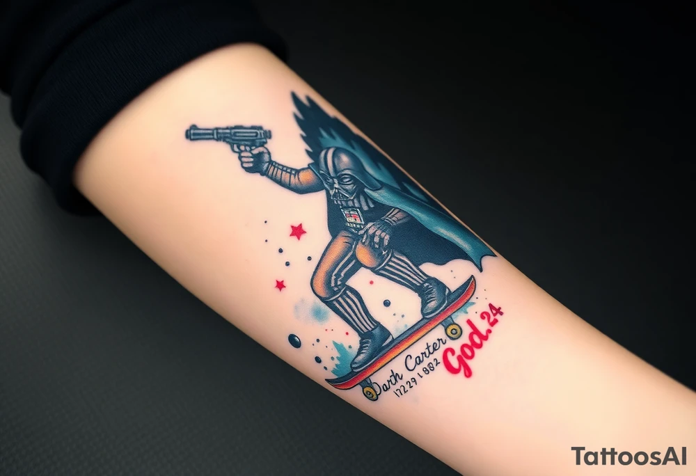 Darth Vader skateboarding with gun> bullets > memorial > god > colors > futuristic/space/starwars
add name "Darth Carter" on skateboard
add date 12/29/88-01/06/24 tattoo idea