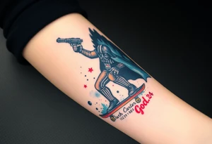 Darth Vader skateboarding with gun> bullets > memorial > god > colors > futuristic/space/starwars
add name "Darth Carter" on skateboard
add date 12/29/88-01/06/24 tattoo idea