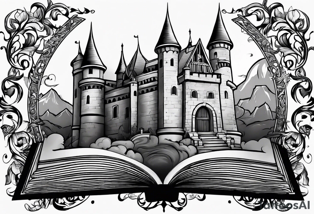 open book with castle tattoo idea