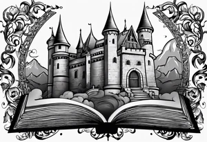 open book with castle tattoo idea