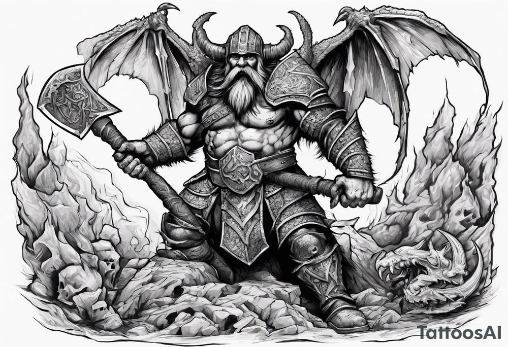 dwarven warrior with a war axe fighting against a dragon in the pit of hell tattoo idea