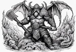 dwarven warrior with a war axe fighting against a dragon in the pit of hell tattoo idea