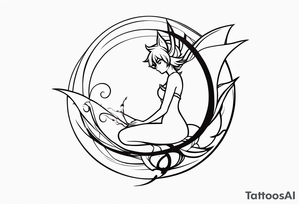A fairy with a tail inspired by the logo of the show called Fairy Tail in a fetal position leaning in tattoo idea