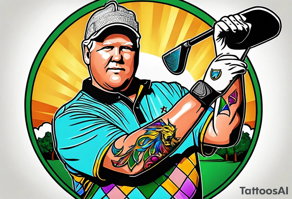 Golfer John Daly wearing the Infinity Gauntlet on one hand and holding a putter on the other hand on the 18th hole of the Masters. tattoo idea