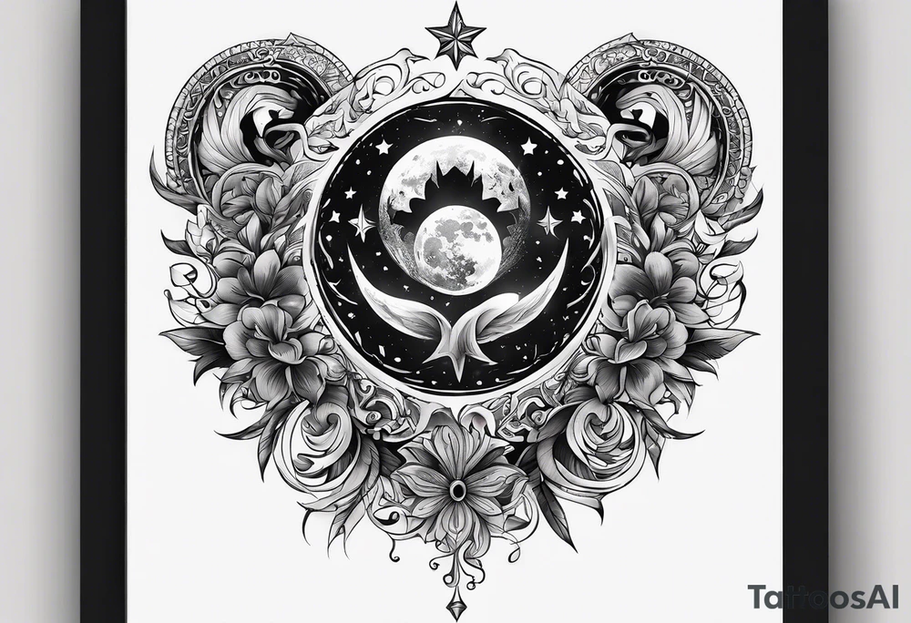 A tattoo design inspired by folklore tales, incorporating mystical creatures and celestial objects such as moons and stars, reflecting the client's love for folklore and celestial objects. tattoo idea
