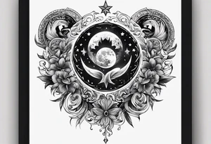 A tattoo design inspired by folklore tales, incorporating mystical creatures and celestial objects such as moons and stars, reflecting the client's love for folklore and celestial objects. tattoo idea