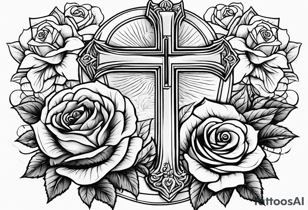 Cross with roses and bible verse tattoo idea