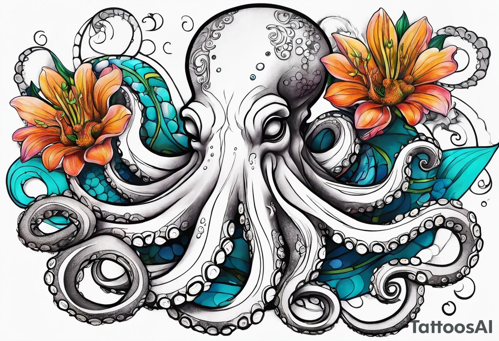 octopus holding flowers tattoo idea