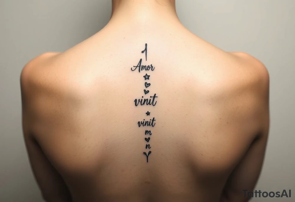 Amor vincit omnia vertically down the middle of the spine in script tattoo idea