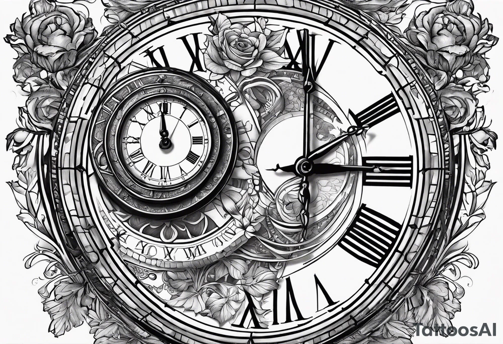 draws a clock which is mixed with an hourglass. they are surrounded by Roman numerals. it is a black and white tattoo for the right shoulder of a man tattoo idea