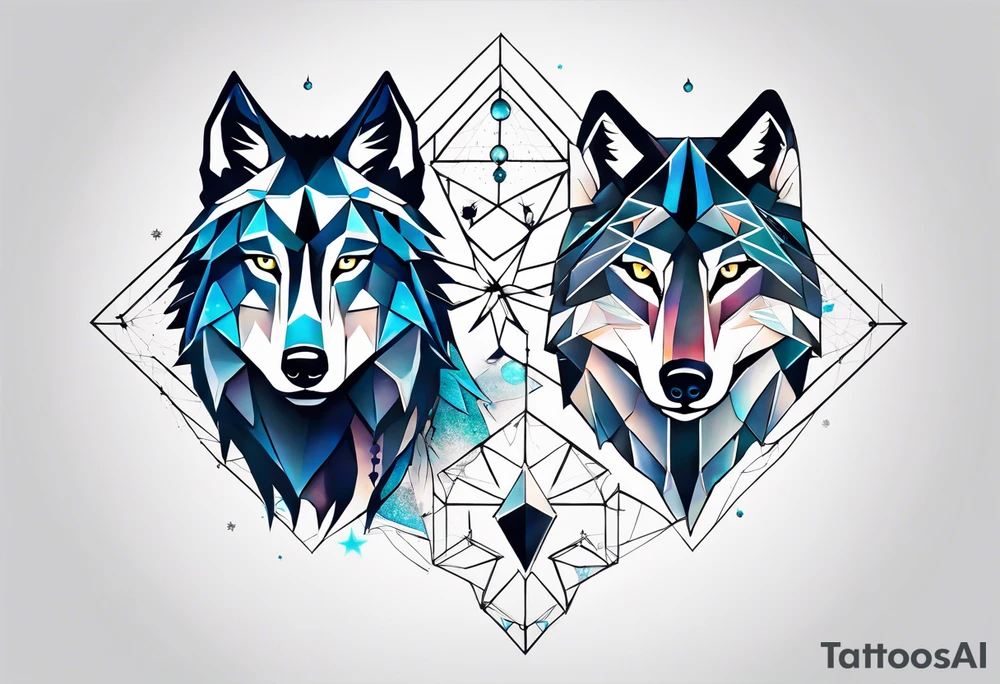 Constellation, two animal wolf, géométric, snowflake tattoo idea