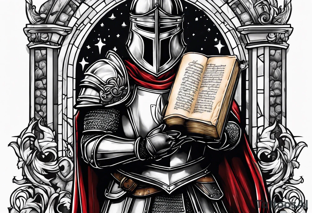 knight holding a bible over his head tattoo idea