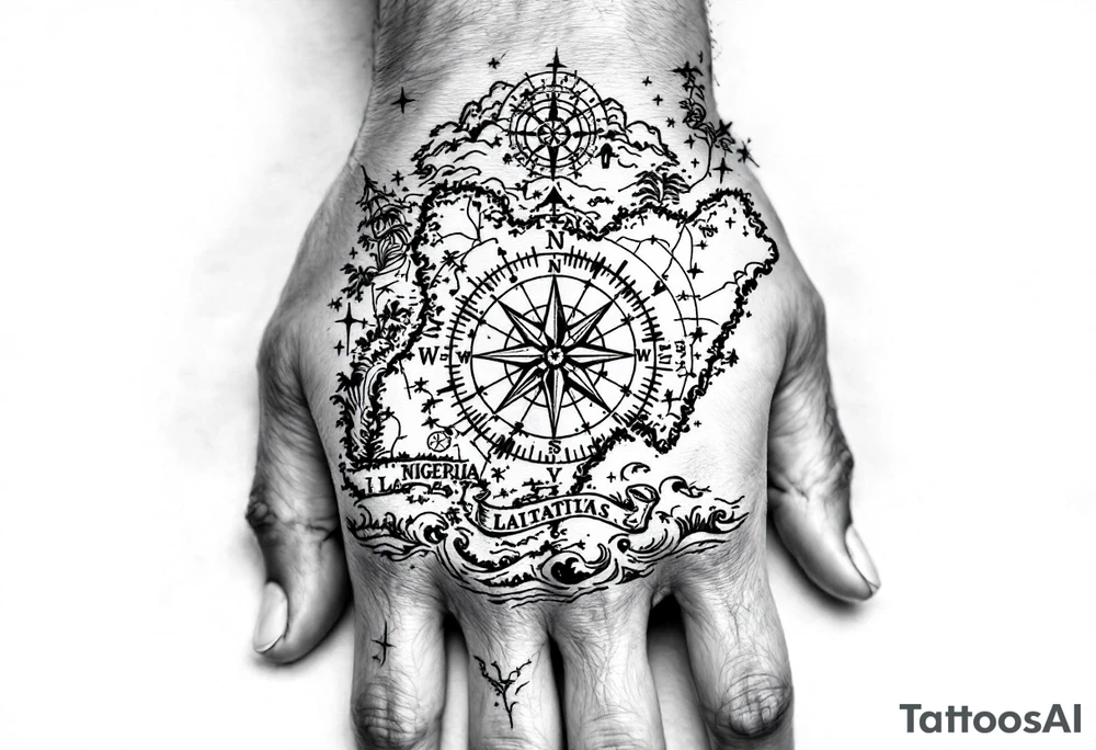 Compass on the back of the palm in the shape of Nigeria with longitude written on the top and latitude written on the bottom. Draw lines from a treasure map connecting from the arm to the tattoo and water waves around the tattoo tattoo idea