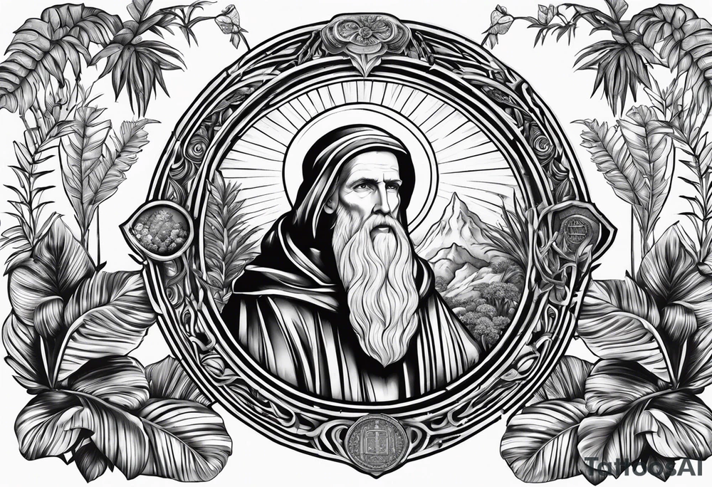 the medal of saint benedict with jungle plants surrounding it tattoo idea