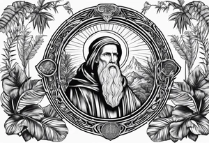 the medal of saint benedict with jungle plants surrounding it tattoo idea