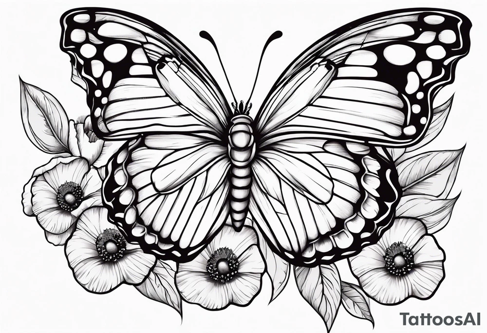 Butterfly with poppy flowers as the top wings tattoo idea