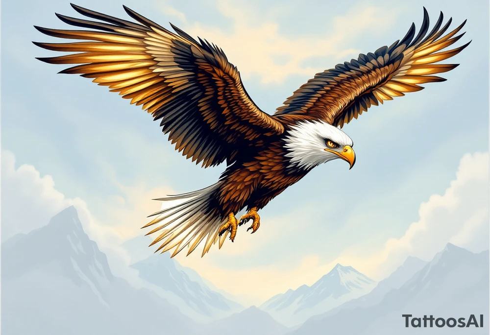 A majestic eagle in flight with wings spread wide, its feathers detailed in shades of deep brown, gold, and cream. The eagle’s sharp, focused eyes are outlined in black, with subtle accents of amber to create an intense gaze. The feathers on the wings have gradients of dark brown at the tips, transitioning to lighter golden hues towards the body. The background features a soft blue sky with wisps of clouds, adding a sense of movement and freedom. The eagle’s talons are outstretched, ready to grasp, with a slight glow around them, symbolizing power and dominance. A faint outline of a mountain range can be seen beneath the eagle, representing strength and resilience. tattoo idea