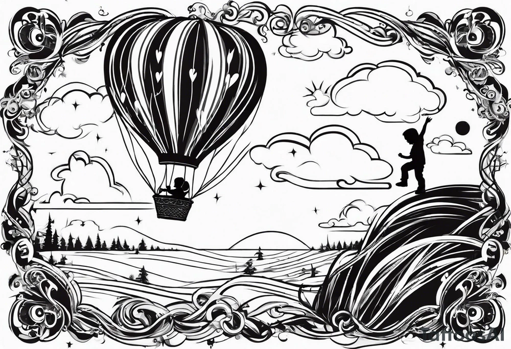 tatoo in little boy holding a string to the earth shaped baloon.
boy should be drawed from behinfd anhas one hand reaching up in 45 degree angle and holding the baloon string
the string has a big wave look like a hearbeat pulse.
hearth party baloon is tattoo idea