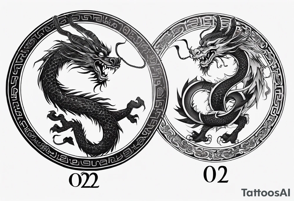 Chinese dragon in a circular shape with "02.03" written on its skin tattoo idea