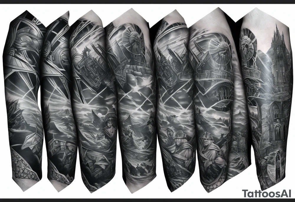 Full arm sleeve tattoo extending from shoulder to wrist featuring characters from Star Wars and the Justice League battling at Helms Deep from Lord of the Rings tattoo idea