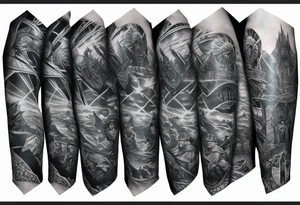Full arm sleeve tattoo extending from shoulder to wrist featuring characters from Star Wars and the Justice League battling at Helms Deep from Lord of the Rings tattoo idea