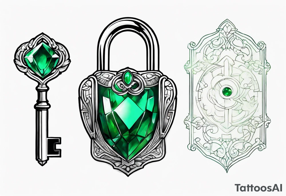Lock and key with emerald stone tattoo idea