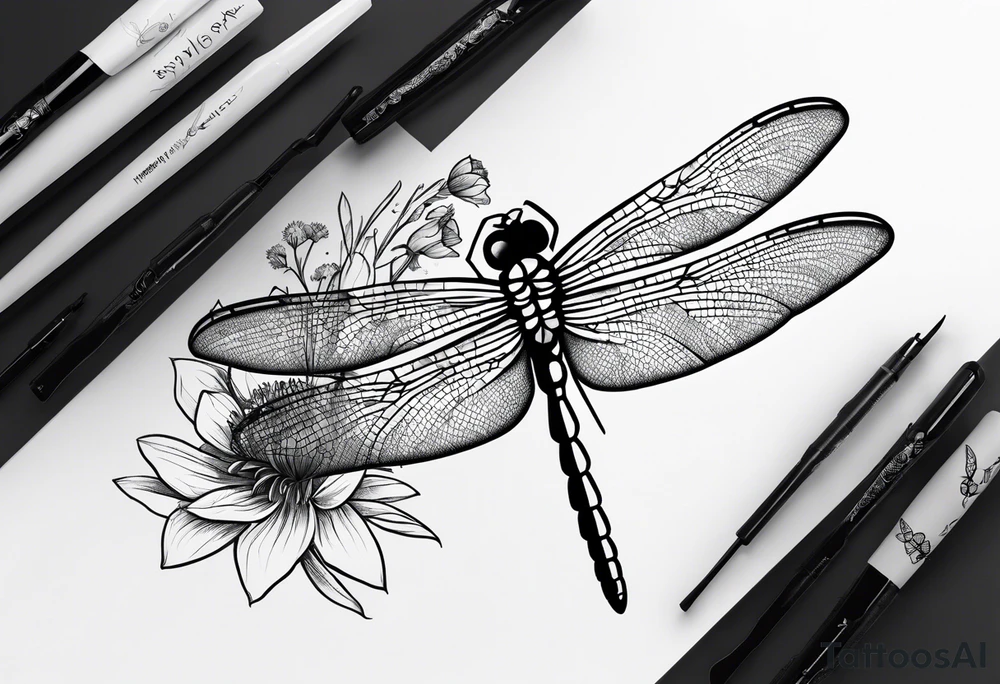 Dragonfly in flight wildflowers simplistic minimalist tattoo idea