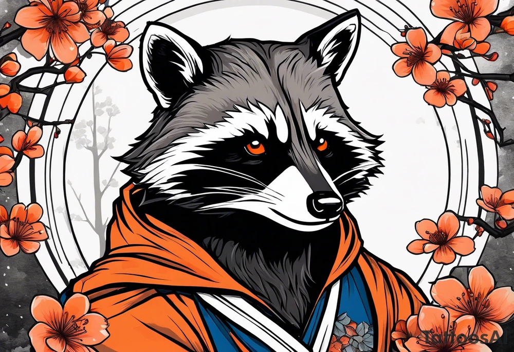 Raccoon wearing a white Superman logo on a black hoodie and orange Japanese cherry blossoms beside tattoo idea