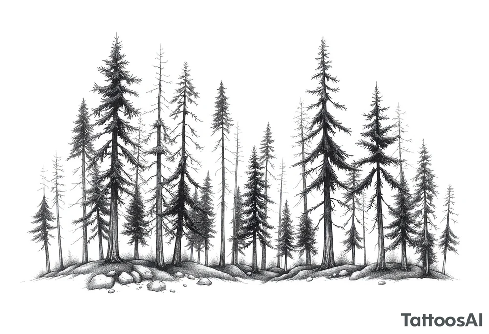 Needle forest with black and gray trees tattoo idea