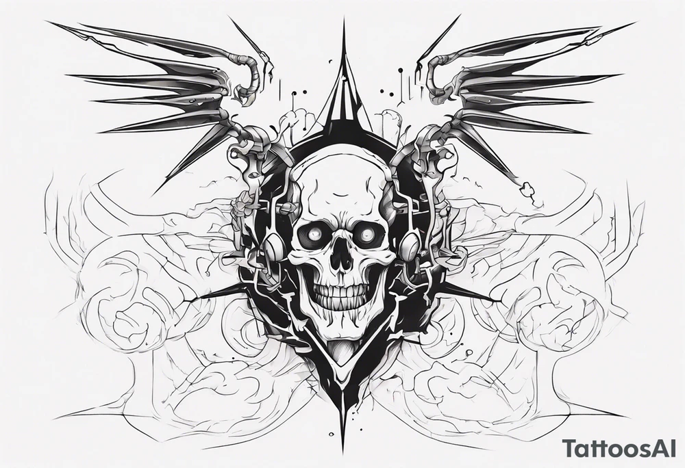 minimalist cyberpunk upper arm design from the shoulder that depicts heaven and hell with neuron projecting downwards. tattoo idea