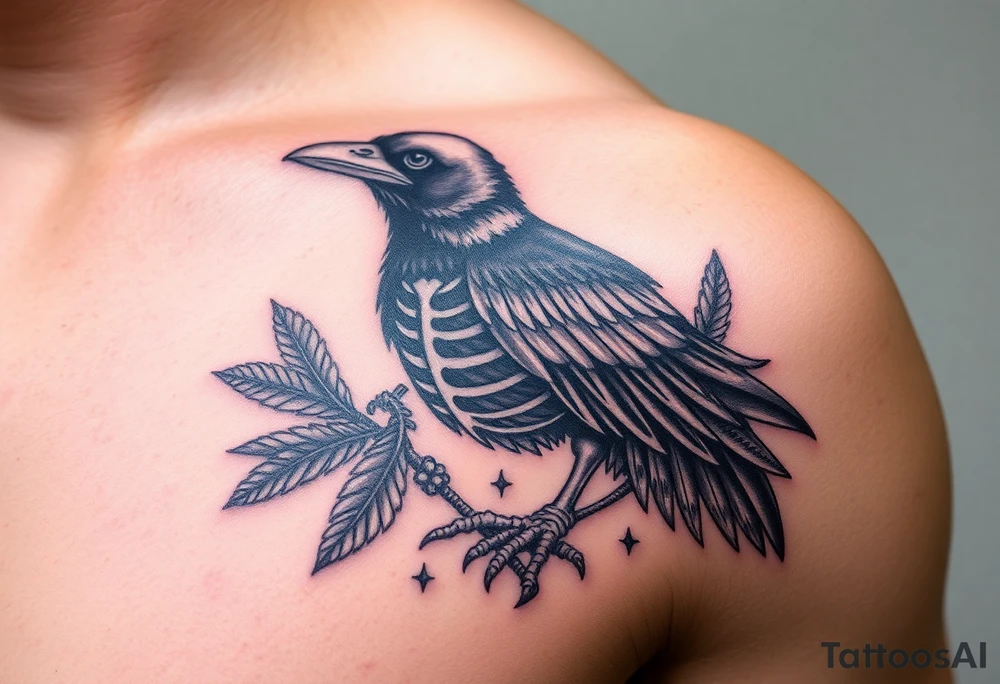 Raven skeleton with peackock feathers and ornaments around tattoo idea