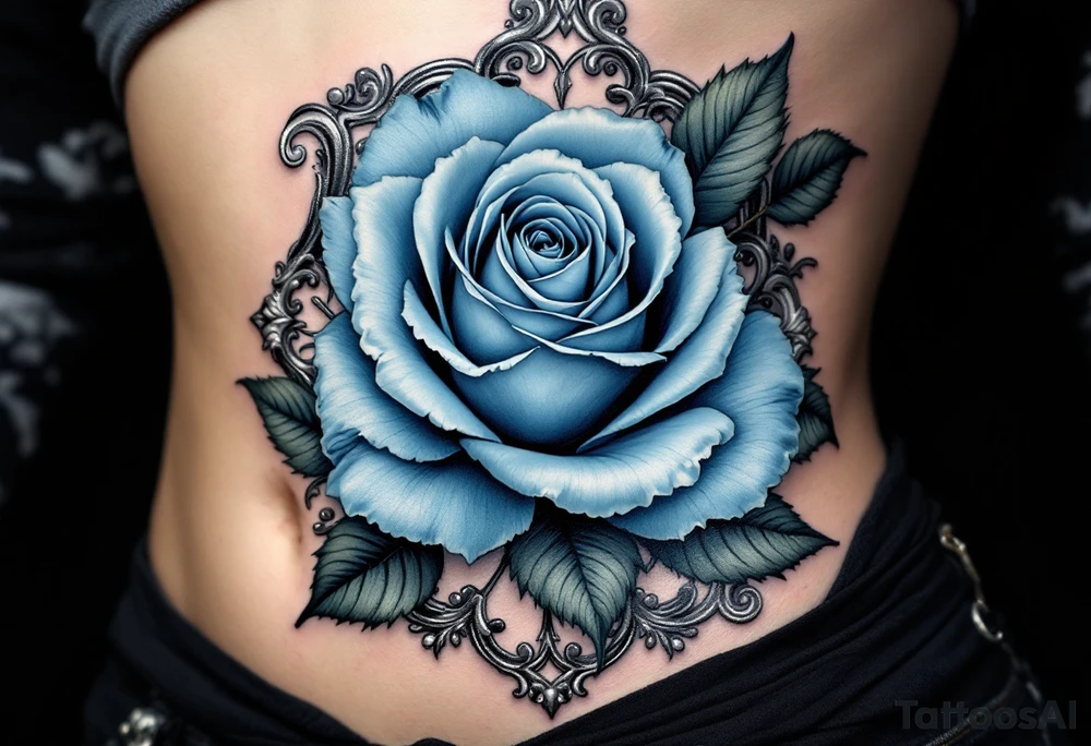 Blue rose in Art Nouveau frame, muted dusty blue petals with elegant, flowing metallic silver framing. tattoo idea