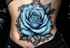 Blue rose in Art Nouveau frame, muted dusty blue petals with elegant, flowing metallic silver framing. tattoo idea