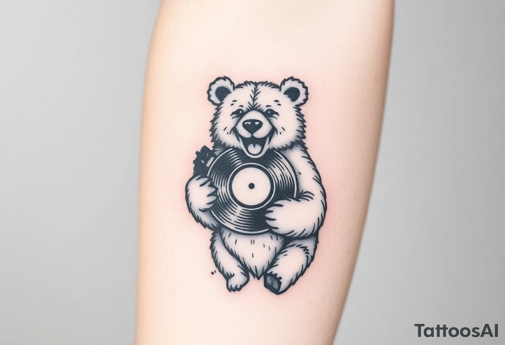 happy bear holding a vinyl record tattoo idea