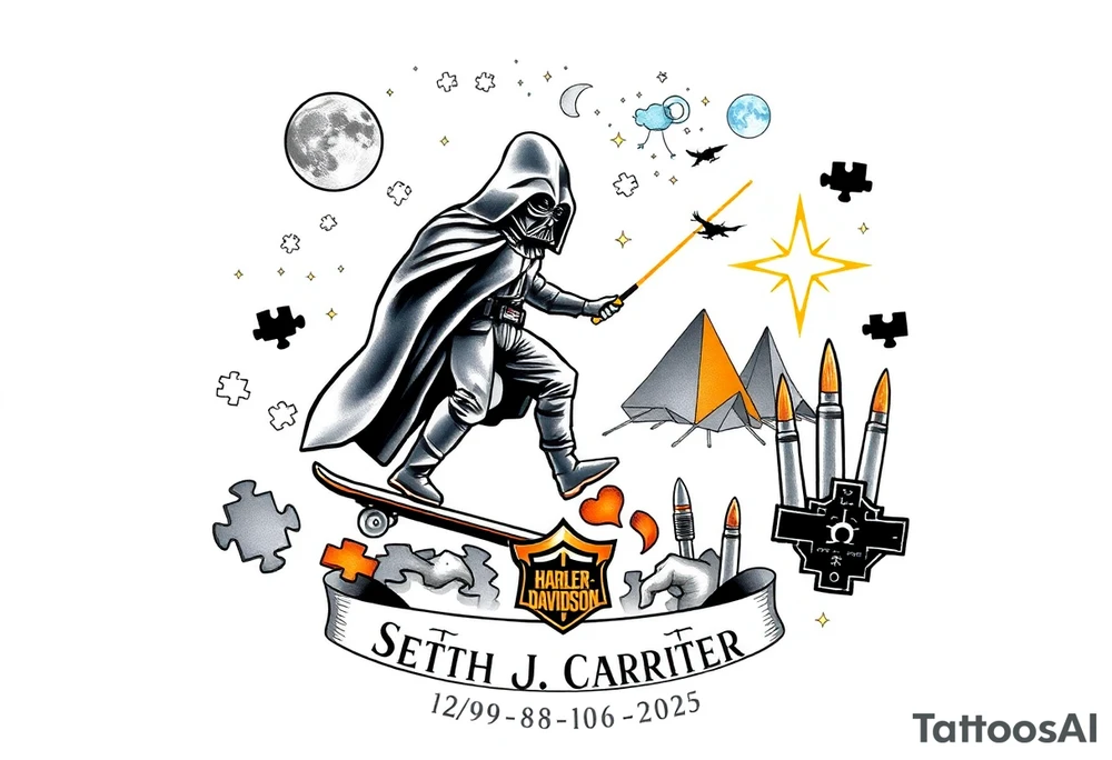 memorial, futuristic, star wars, space, skateboarding, camping, puzzle pieces, video games, heaven, god, outdoors, bullets, Harley Davidson, 
Seth J. Carter AKA "Darth Carter"
12/29/88-01/06/2025 tattoo idea