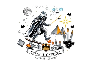 memorial, futuristic, star wars, space, skateboarding, camping, puzzle pieces, video games, heaven, god, outdoors, bullets, Harley Davidson, 
Seth J. Carter AKA "Darth Carter"
12/29/88-01/06/2025 tattoo idea