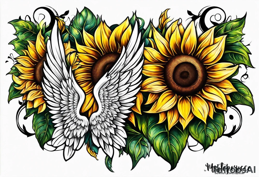 Sunflowers and angel wings leg sleeve tattoo idea