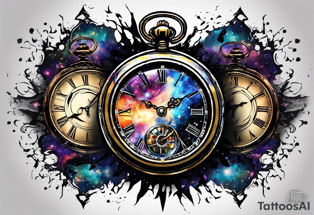 broken pocket watch galaxy shattered 12:00 6/12/2020 "Zee" tattoo idea